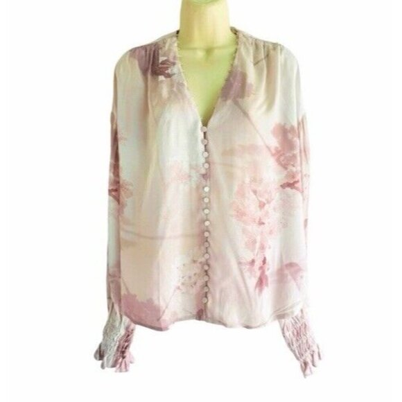 Allsaints Woman's Sz 4 Stella Ume Light Pink Watercolor Button Blouse - Picture 2 of 9